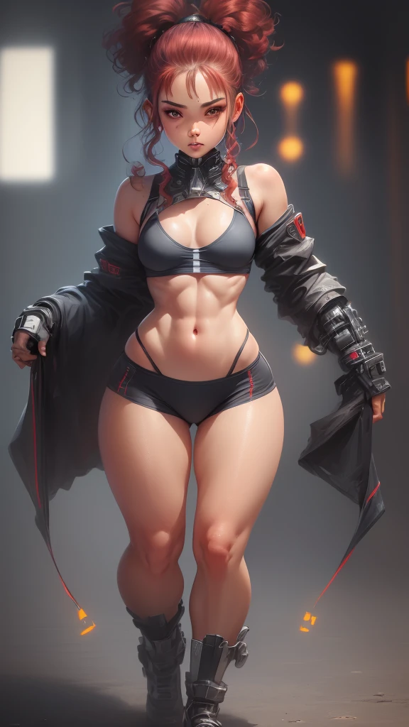 (((Defined women's body))), (((thick thighs))), Cybernetic body parts, (((short underwear))), (((ultra detailed skin))), (((small waist) ), (((defined abdomen))), (((full body))), (((fit body))),