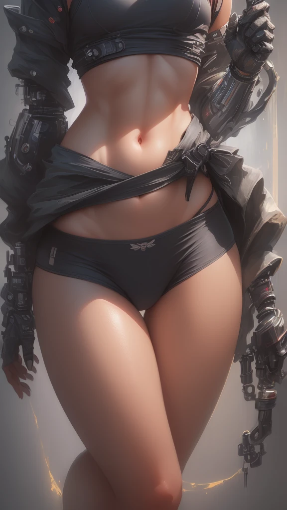 (((Defined women's body))), (((thick thighs))), Cybernetic body parts, (((short underwear))), (((ultra detailed skin))), (((small waist) ), (((defined abdomen))), (((full body))), (((fit body))),