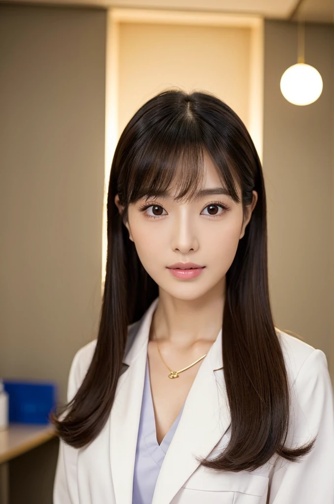 Hospital examination room, female doctor, ((full body)), ((photo)), ((best qualtiy, 8K, tmasterpiece: 1.3)), Focus: 1.2, perfect figure beautiful woman: 1.4, 1woman, cowboy shot, look at viewer, eyes facing the camera, incredibly absurd, beautiful and cute woman with a photorealistic face, showcasing top-quality craftsmanship, Japanese woman examining in a hospital examination room, 29 years old, hairstyle is a straight bob with long bangs, glossy black hair parted in the middle, thick and voluminous, elegant, fair and clear skin, large brown eyes, cool expression, long eyelashes, neat eyebrows, high nose, thin lips, natural complexion, fine skin, oval face, plump cheeks, long neck, small ears, beautiful nape, tall, slender, delicate, muscular and thin, slim frame, long and slender limbs, long fingers, large breasts of E cup, dressed as a doctor in a white coat, high heeled pumps, natural makeup, gold necklace, small earrings, watch on left arm, pretty older woman, beautiful, neat, cute voice, calm, gentle, responsible, professional, studious, kind, October