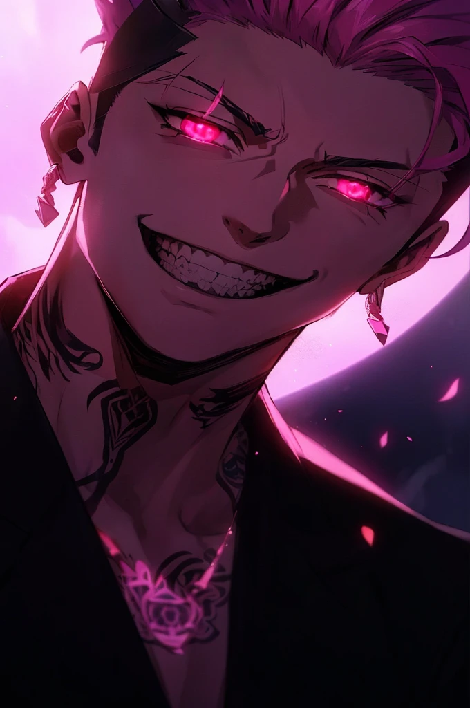 anime guy with pink eyes and tattoos smiling at the camera, handsome guy in demon slayer art, evil smile and glowing eyes, uncanny smile, smiling maniacally, [[[[grinning evily]]]], evil grin, insane smile, sly smile, portrait gapmoe yandere grimdark, with glowing eyes, wide grin, he is smiling
