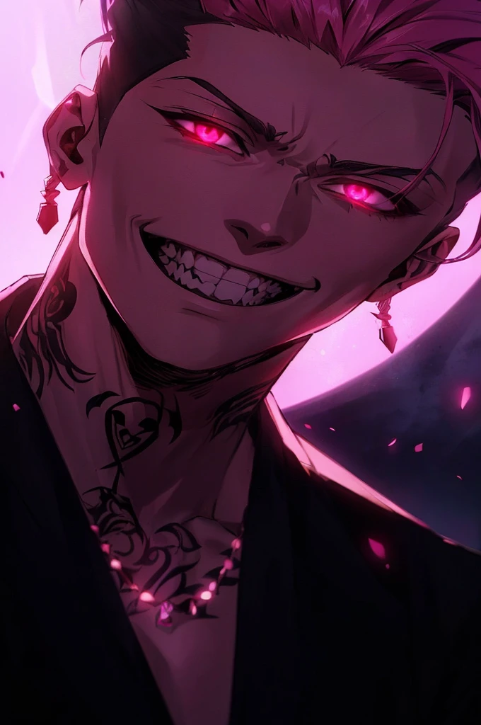 anime guy with pink eyes and tattoos smiling at the camera, handsome guy in demon slayer art, evil smile and glowing eyes, uncanny smile, smiling maniacally, [[[[grinning evily]]]], evil grin, insane smile, sly smile, portrait gapmoe yandere grimdark, with glowing eyes, wide grin, he is smiling