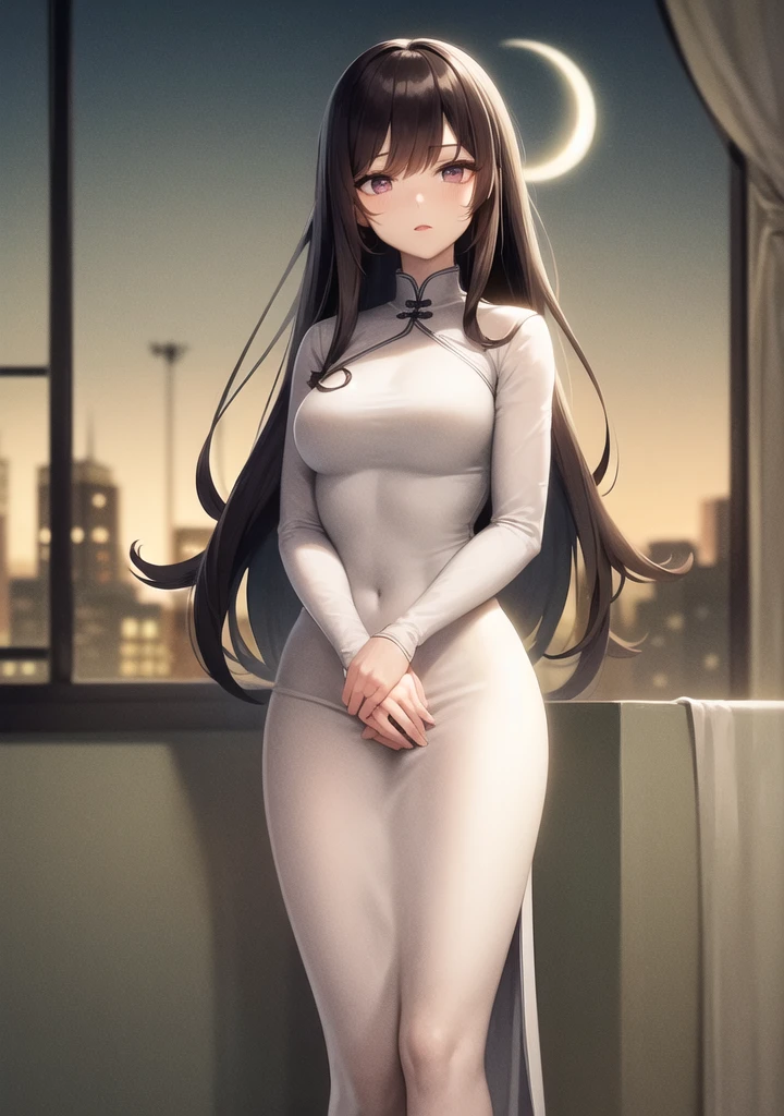 masterpiece,best quality,amazing,beautiful detailed eyes,beautiful detailed face,highly detailed,illustration,finely detail,
Night,the moon,white cold light,China antique,white clothes,transparent white long sleeves,long black hair,a woman,
(((Hide hands))),Dish hair,