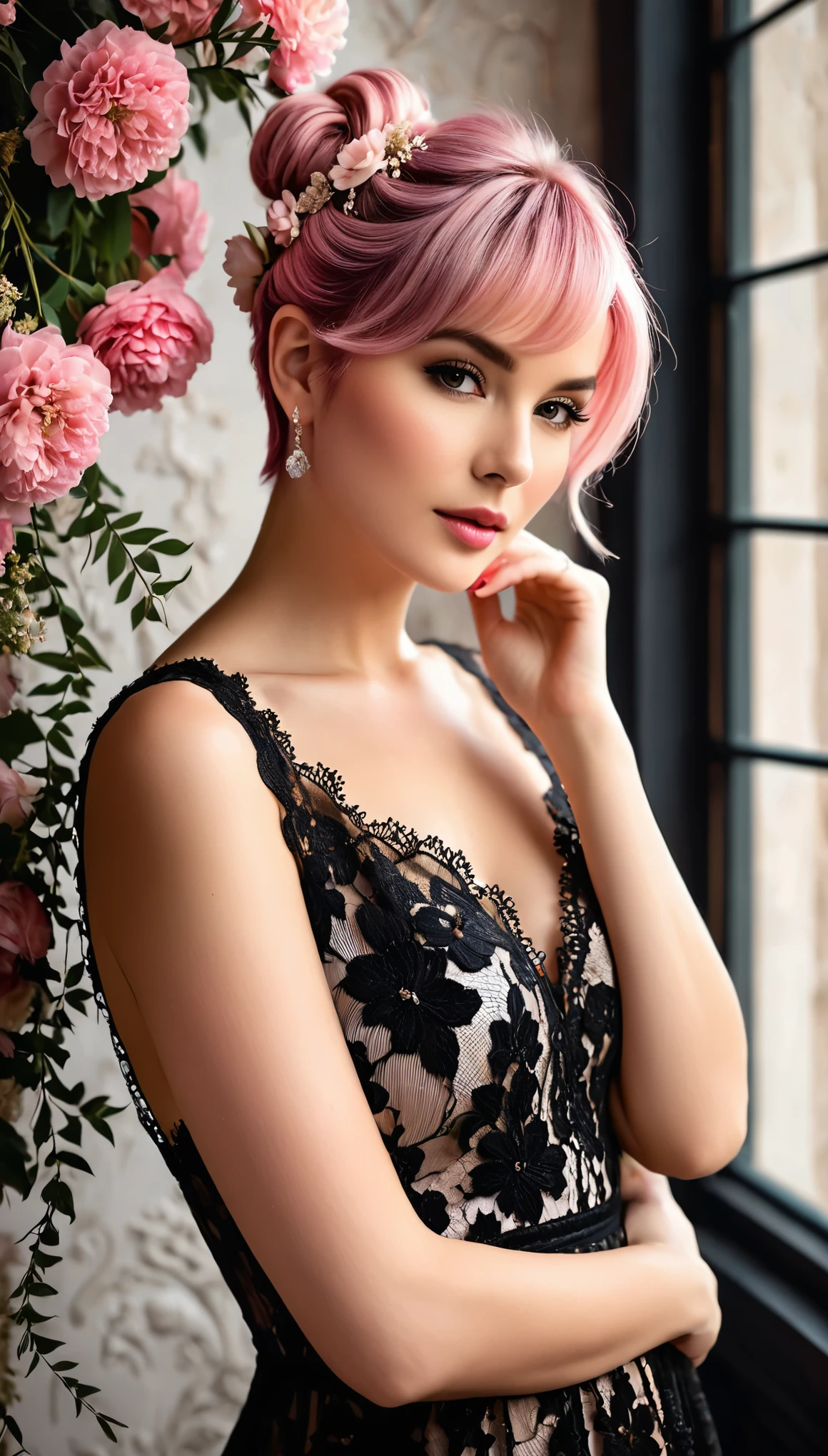 A delicate beautiful, sensual, woman, full body view, with short pink hair styled in a loose bun adorned with flowers, wearing a black and white lace dress with intricate details. The lighting highlights her ethereal beauty and the intricate lace of her dress. The woman pose is elegant, with one hand gently touching her face and a soft, dreamy expression. The overall image has a magical, enchanting atmosphere with vibrant colors and fine details. (Distant full body view:1.8), (View from side:1.5), Hyper realistic photo, vibrant colors, 16k
