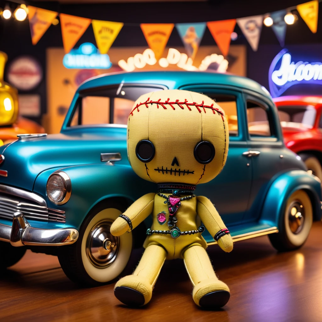 (knitted toy voodoo doll:1.7), (Voodoo at a Retro Car Show:1.3), (Clothing: vintage attire with glowing classic car patterns:1.0), (Accessories: enchanted wrench emitting sparks of automotive magic, levitating classic cars:1.1), (background: mystical showroom with floating retro vehicles, glowing banners, and spectral car enthusiasts:1.2), best quality, masterpiece, detailed soft oil painting, detailed background, dramatic cinematic lighting, soft edge lighting, professional, dramatic lighting, hard edge lighting, ultra quality, 4k, masterpiece, best quality, 8k, ultra high definition, high resolution, extremely detailed