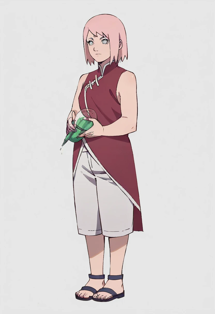 (masterpiece:1.2),(best quality:1.2),(masterpiece, best quality, ultra-high resolution), (1girl), (1 character), ((Sakura Haruno)), (White background), (Full body), natural pose, Standing, pink hair, naruto character, perfect details in clothing