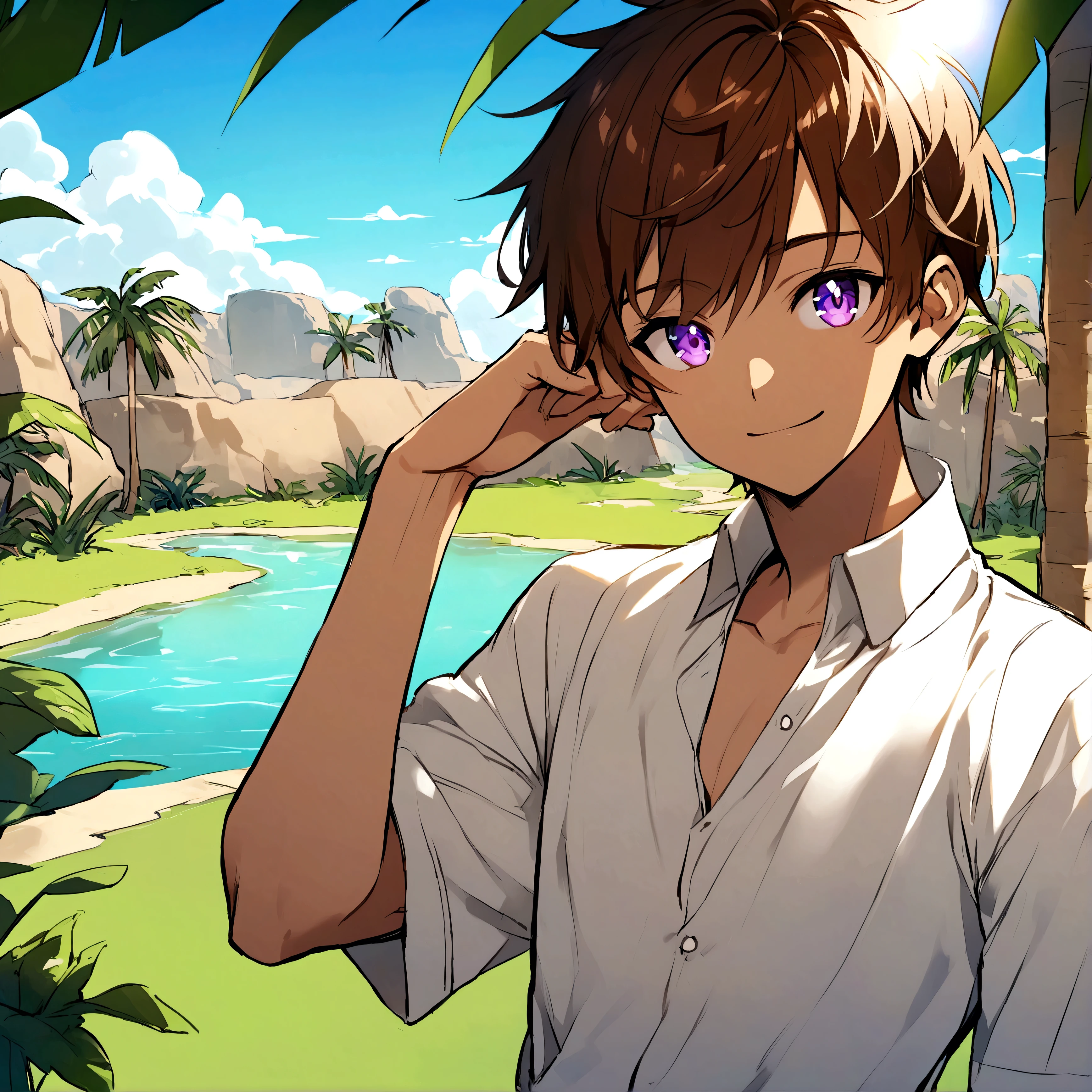 Young boy, thoughtful posing, charismatic smile, playful eyes, violet eyes, brown hair, light tanned skin, oasis background, daytime