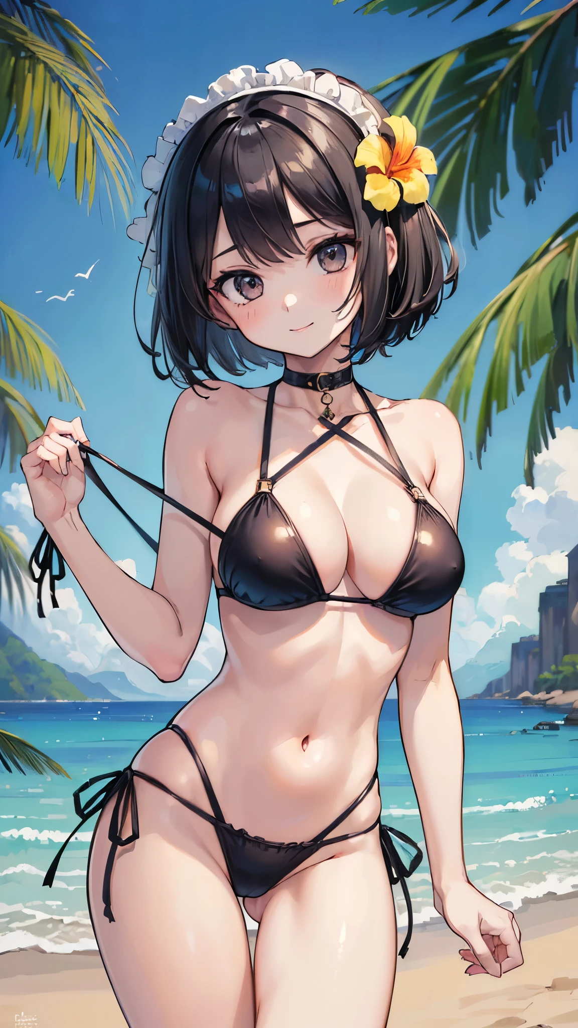 ((((masterpiece, Highest quality, High resolution)))), (One girl:1.5), Black Hair, Black eyes, Short Wavy Hair, Bobcut, (Average chest :1.2),smile, Thighs, Bare shoulders, clavicle, Tight waist, (Slim figure), Cleavage, (Beautifully detailed face, Beautiful attention to detail), ((String Bikini)), Beach,Tropical