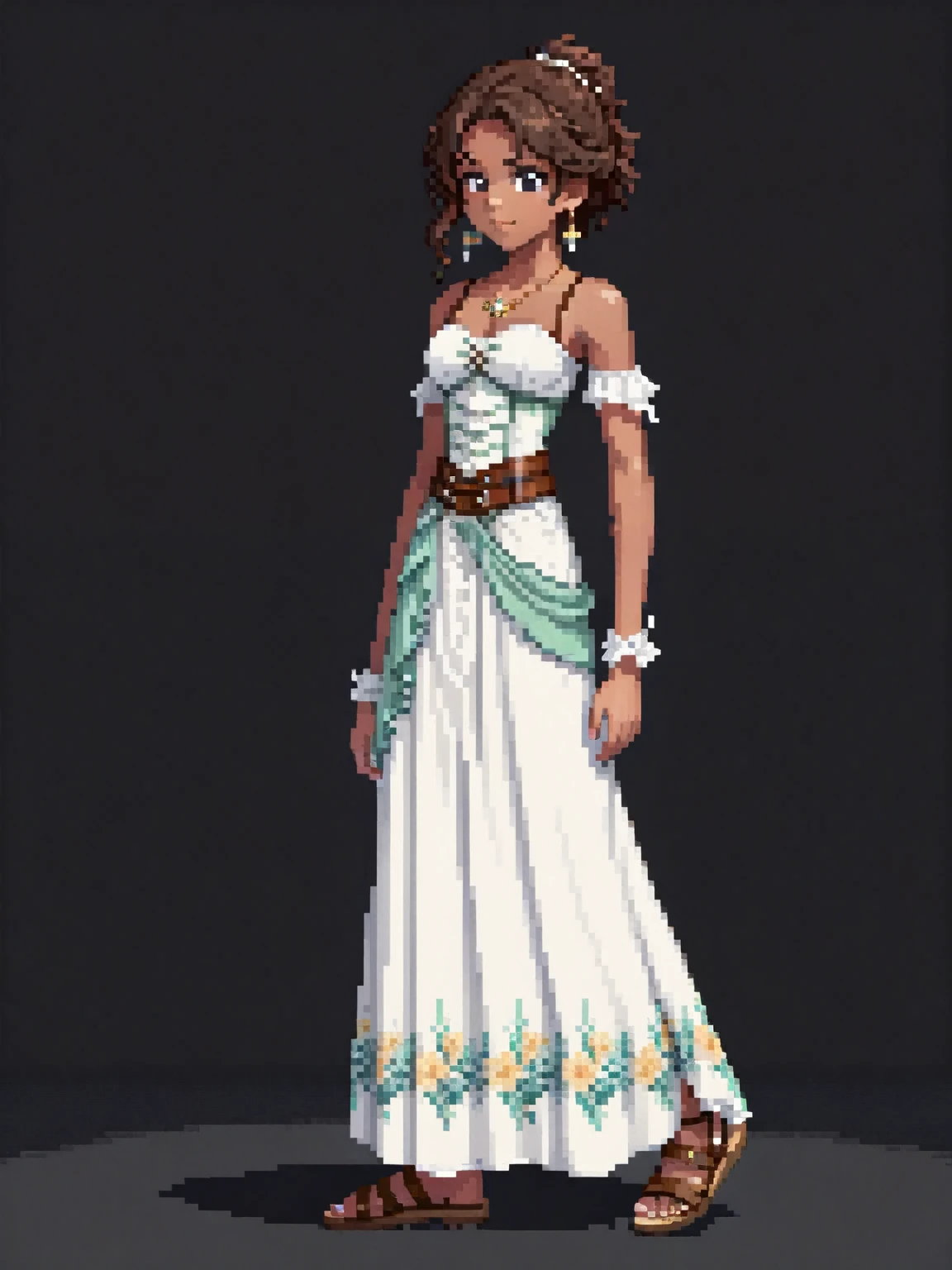 (Pixel art: 1.2), ung woman, 23 years old, dark skin, with medium dark brown curly hair held back by a cloth, wearing a medieval white dress with floral details, a light brown leather corset belt, a sheath for potions, gold earrings, a stone necklace, bandages on her left hand, dress covering her entire body, brown sandals, side view, visible lips and nose, Black background, strong physique, neutral expression.