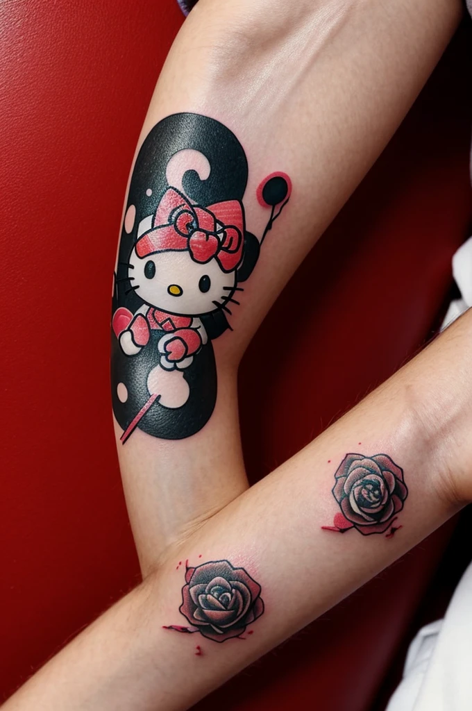 Create a Hello Kitty image by tattooing a human arm 