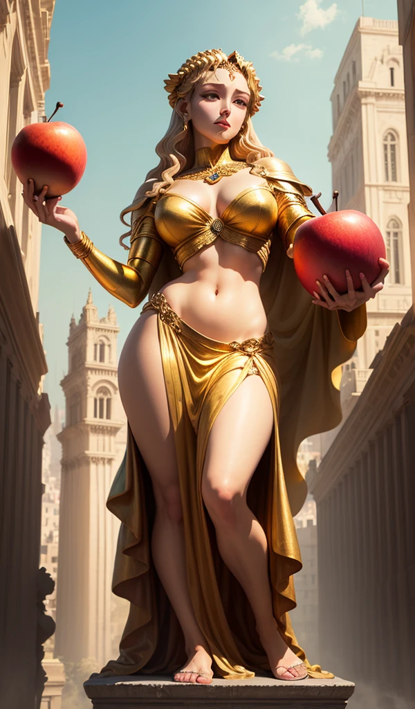 (anime style, high detail, giant statue of Helen of Troy, renowned for her beauty, depicted in detailed, flowing attire, holding a golden apple, ancient cityscape background)