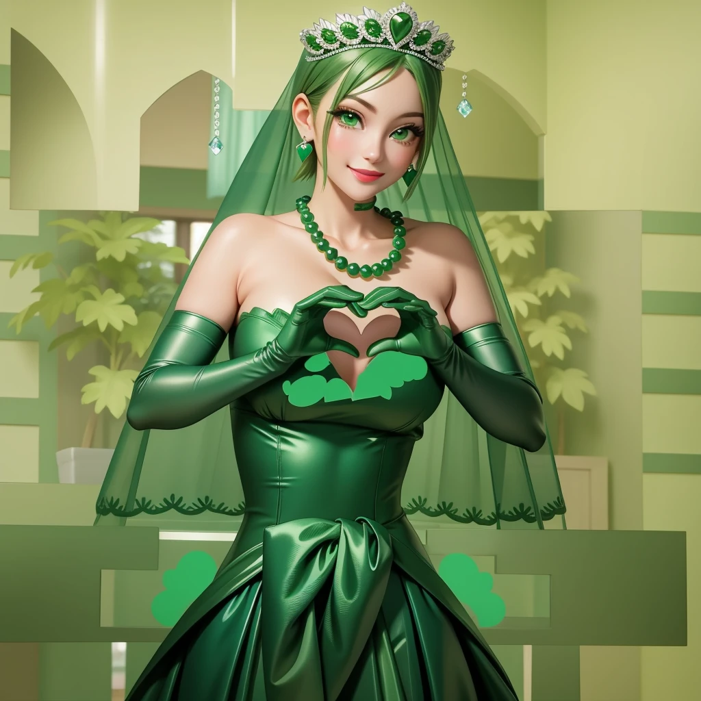 Emerald tiara, Green Pearl Necklace, ボーイッシュな非常に短いGreen Hair, Green Lips, Smiling Japanese woman, Very short hair, Busty beautiful lady, Green Eyes, Green satin long gloves, Green Eyes, Emerald Earrings, Green veil, Heart with both hands, Green Hair, Beautiful Japanese Woman, Heart shaped hands:1.3, green lip gloss