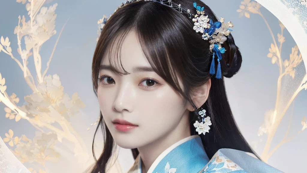 anime girl with a blue kimono and a white background, palace , a girl in hanfu, artwork in the style of guweiz, a beautiful artwork illustration, exquisite digital illustration, beautiful digital artwork, japanese goddess, a beautiful fantasy empress, japanese fantasy, beautiful fantasy art portrait, guweiz, beautiful digital illustration, elegant japanese woman, chinese fantasy,frontal face,