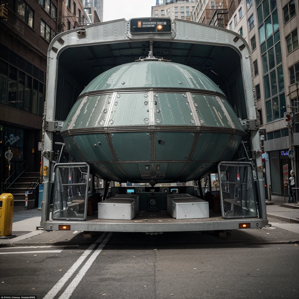 A space ship from another planet camouflaged as a mobile home in the streets of New York City