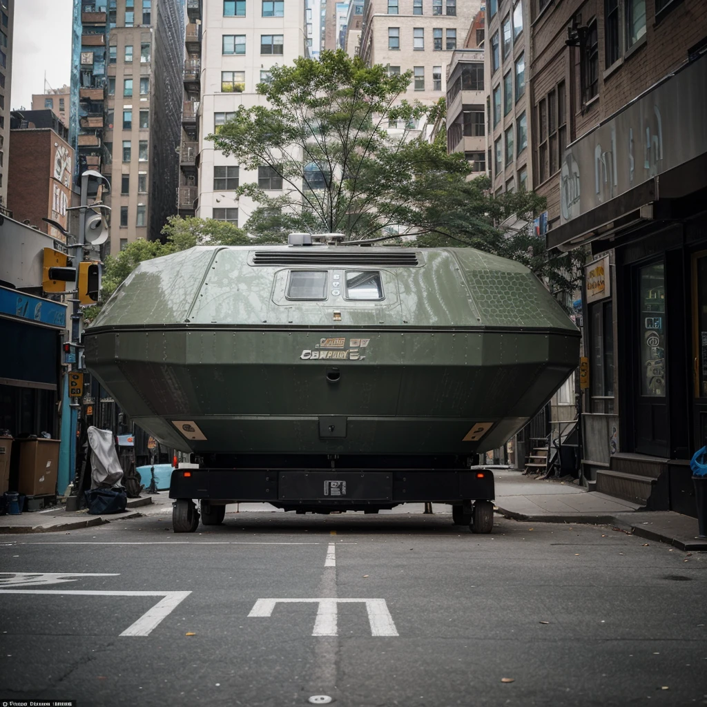 A space ship from another planet camouflaged as a mobile home in the streets of New York City
