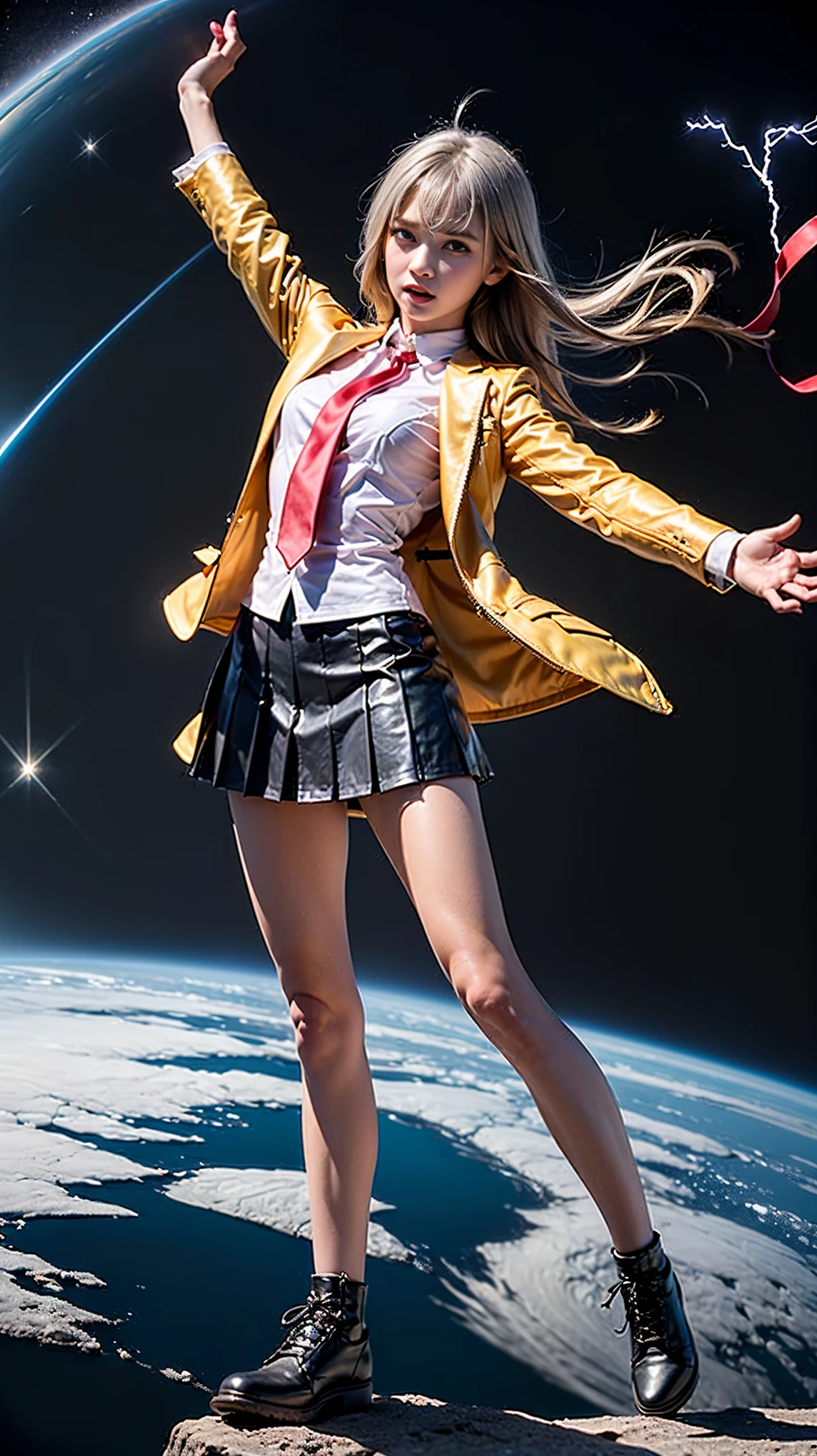 1girl, tall body, high school student, suit, dark blue suit jacket, white shirt, (red ribbon necktie), grey pleated skirt, miniskirt, bare legs, white socks, brown shoes, light grey hair, hazel eyes, med-back-length hair, bangs, ahoge, beautiful detailed eyes, beautiful detailed face, cute face, medium breasts, perfect hands, complete fingers, perfect anatomy, perfect proportions, age 18, solo, solo focus, standing, raised arms, serious, open mouth, looking at viewer, space backdrop, floating, body infused with electricity, ahoge