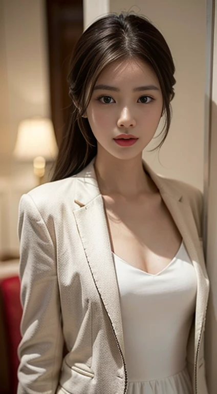 Close-up of a woman in a white dress and jacket, Zhang Han's realistic paintings, Confident々Erotic pose in、Playmate proportions、Trending on Art Station, Fantasy art, perfect have Gray Hair girl, have Gray Hair, has long Gray Hair, Gray Hair, หญิงสาวที่have Gray Hair, ทีฟา ล็อกฮาร์ต Gray Hair, have Gray Hair lady, Gouache style artwork((Realistic Light, Highest quality, 8K, masterpiece :1.3)), Frank, One girl, Beautiful woman with perfect figure :1.4, stomach Belly button、Photographing the crotch、Playmate gets caressed with a vibrator、Photographing the lower body、Seduce the viewer、Captivate your viewers、Taunt the viewer、Seductively Seduction、Climax orgasm、Dripping wet pussy、Dripping wet pussy