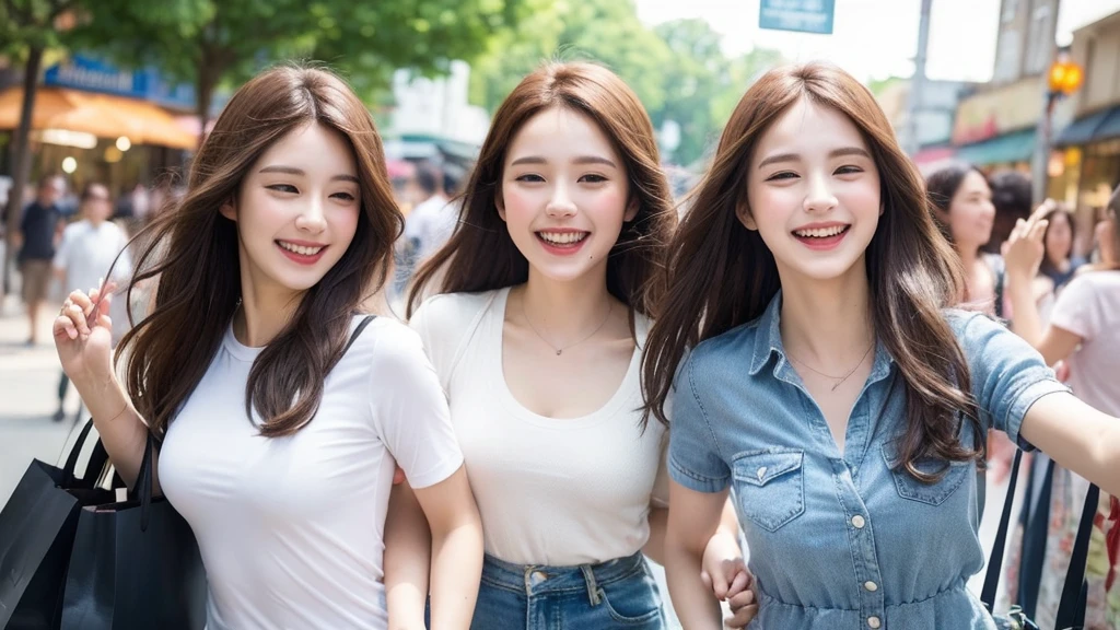 (Very detailed CG:1.2), (Masterpiece:1.2), (best quality:1.2),,((nonsense))outdoor shopping together,Hand holding a bag,half body ,(2 girls),(long hair),(white short sleeve shirt),happy smiling,Dynamic angle,stand,dynamic poses,((delicate facial features)),