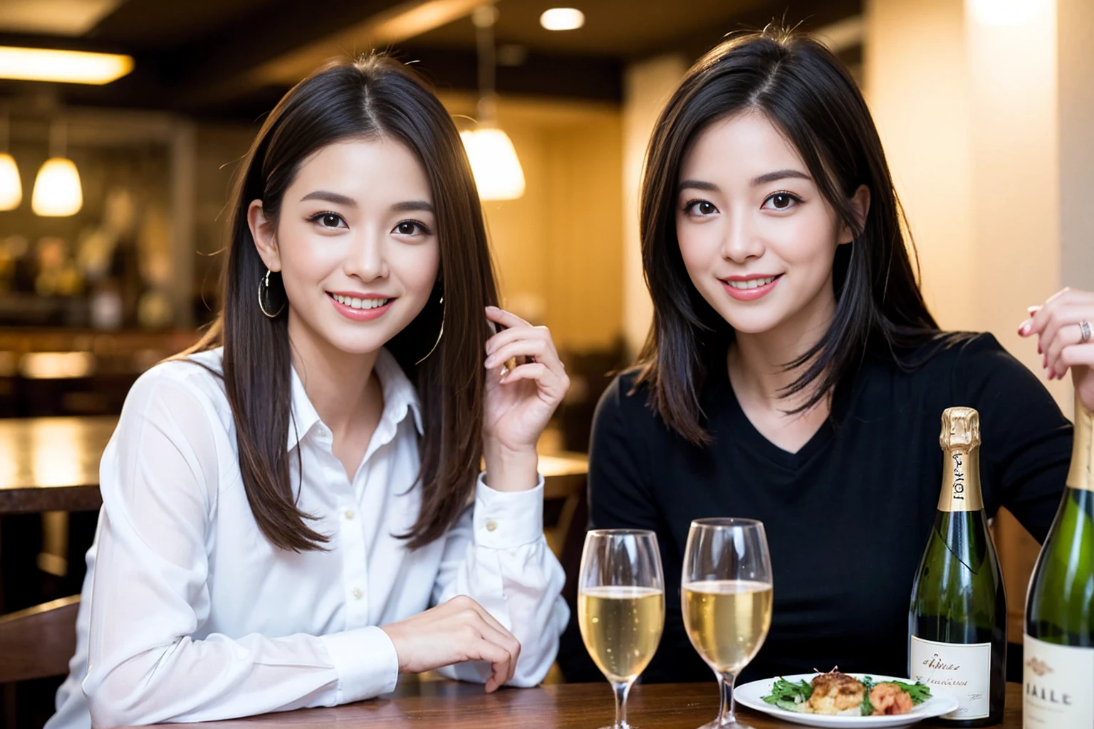 ((Highest quality、、masterpiece:1.3))、1 male 1 female、Slim lover、Beautiful couple、Smile、full-course dinner、 (Slim face), (the body is スリム), (Brown Hair), (Shortcuts), ((Bob Hale、Straight hair:1.2)), テーブルの上のwine glass、Shine light on your face、 Amazing view of the sunset sky and clouds、The beauty of a smile、Bright image、Blushing, Shortcuts, (43 years old), 39 years old, Appetizers、Italian food、Wine bottle、Champagne、sparkling wine、Long sleeve shirt、dress、Attractive beauty、restaurant, Nova Frog Style, actress, model, Upper Body, White wine, red wine, wine glass,