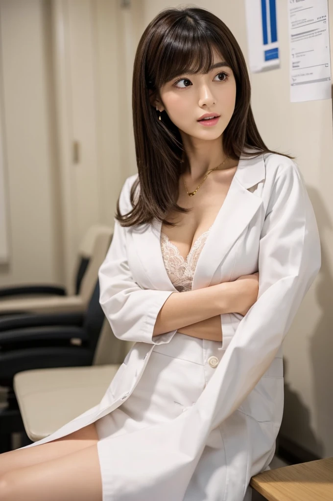 top-quality、Top image quality、masterpiece、fully body photo、25 years old women, 、Dark brown wavy middle hair、bangss、((White Coat of Doctor、Long sleeve white shirt with collar、Black Pencil Skirt、Stockings、stethoscope、I have a stethoscope、Kamimei))、 ((no-bra、Puffy nipple、chest is completely visible、Visible))、Sexy pink panties、soft boob、breasts of medium size,、high-heels、a necklace、耳环。 cute smile face、Sit in a chair and look up、((rub one's breasts、Touching the crotch))
