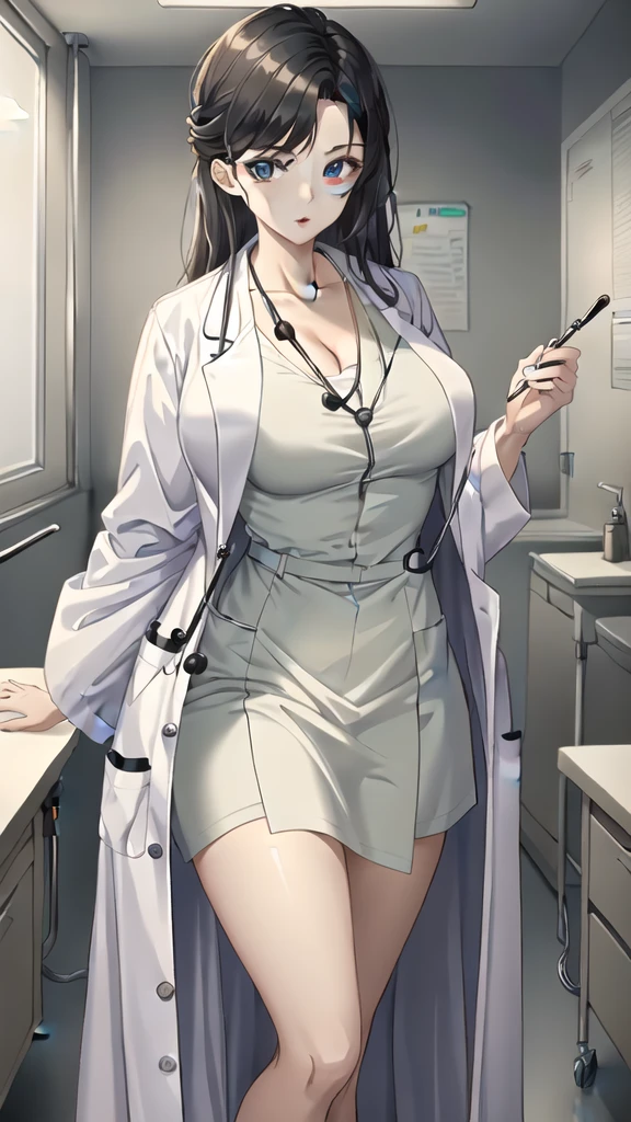 ((masterpiece, best quality, high quality)),1girl, (lower body, hospital), (doctor_uniform, labcoat, stethoscope, doctor),Large Breasts,cleavage,lipstick