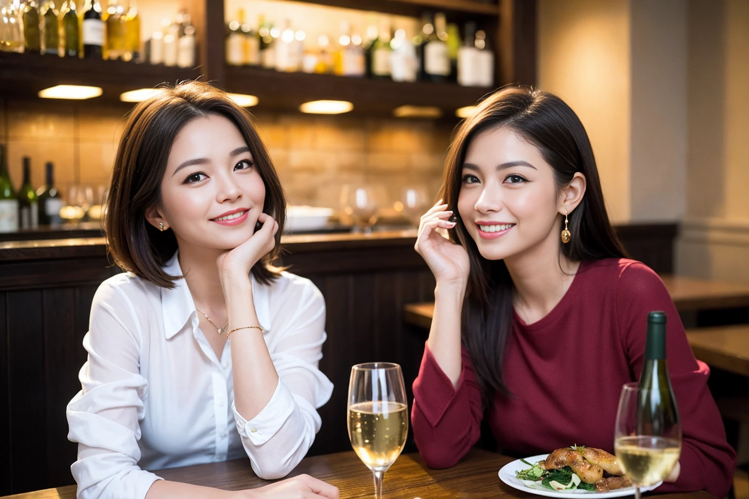 ((Highest quality、、masterpiece:1.3))、1 male、1 female、spouse、Beautiful couple、smile、full-course dinner、 (Slim face), (the body is スリム), (Brown Hair), (Shortcuts), ((Bob Hale、Straight hair:1.2)), テーブルの上のwine glass、Shine light on your face、 Amazing view of the sunset sky and clouds、smileの美しさ、Bright image、Blushing, Shortcuts, (Age 35), 39 years old, Appetizers、Italian food、Wine bottle、Champagne、sparkling wine、Long sleeve shirt、dress、Attractive beauty、restaurant, Nova Frog Style, actress, model, Upper Body, White wine, red wine, wine glass, 