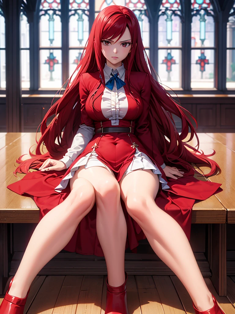 Full body picture of 1 girl: Erza Scarlet, wearing Rin Tohsaka outfit, in a church with huge windows at night, ultra realistic, top quality, 