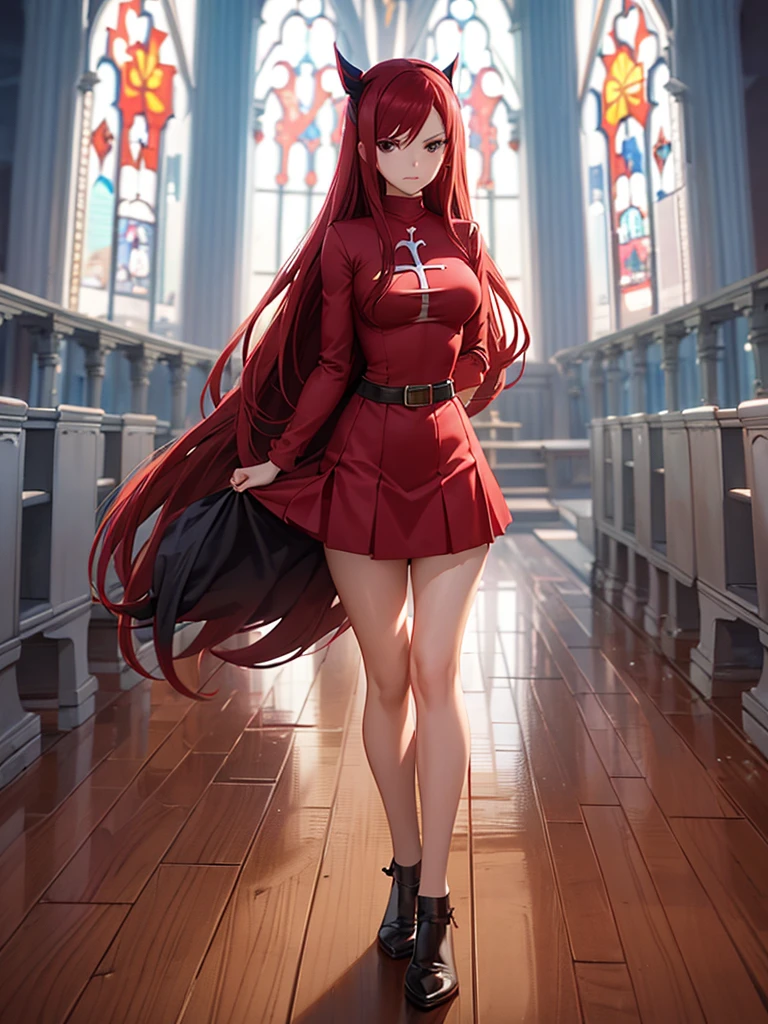 Full body picture of 1 girl: Erza Scarlet, wearing Rin Tohsaka outfit, in a church with huge windows at night, ultra realistic, top quality, 