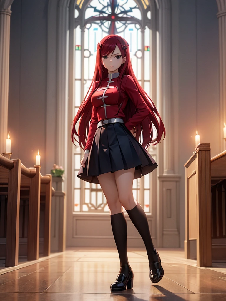 Full body picture of 1 girl: Erza Scarlet, wearing Rin Tohsaka outfit, in a church with huge windows at night, ultra realistic, top quality, 