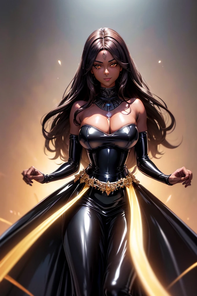 (Karindef:1.4), 8k, highres, ultra detailed, (masterpiece:1.4), best quality, symmetrical body, (dark skin:1.4), (latex ballgown:1.4), cute, solo, long hair, Brown hair, amber eyes, glow effect, finely eye, detailed face, looking at viewer, smilling at viewer, dark background, angled view, big breasts, beauty mark