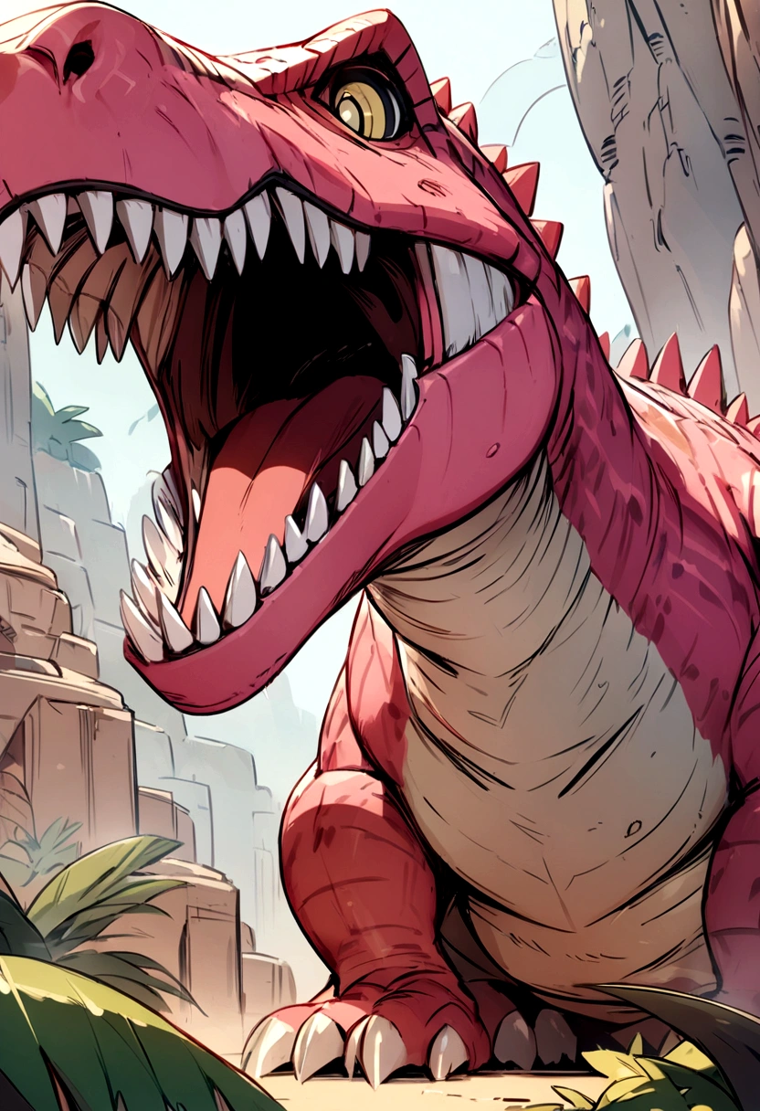 Pokemon style, Pink Dinosaur, amazing quality, masterpiece, extremely detailed, T-Rex, Cretaceous period,