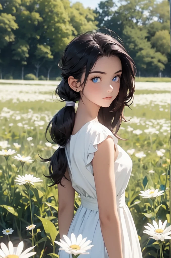 1girl,in a field of flowers,white flower,looking at viewer,blue eyes,dark hair, pony tail hair style, daisy,long hair,pure white dress,