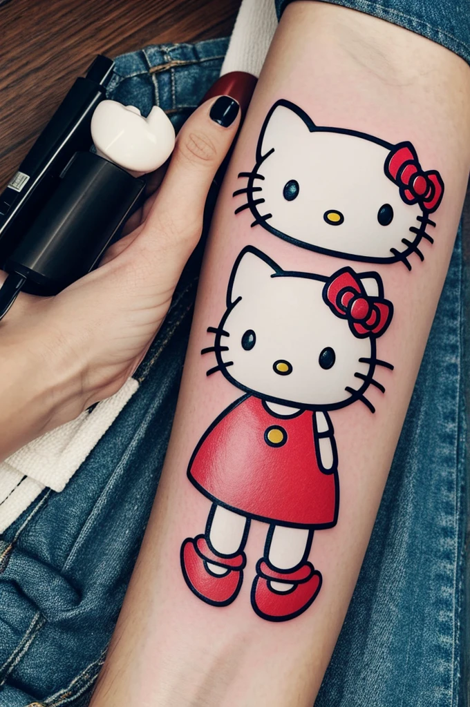 Generate an image of Hello Kitty tattoo artist