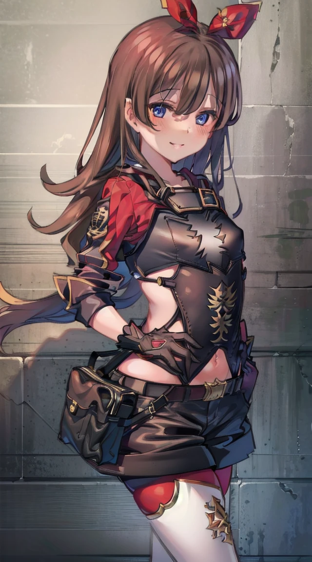 1girl,
BREAK (( \(genshin impact\), brown eyes, brown hair, long hair, red hair ribbon, brown short shorts, leather gloves, pouch, thighhighs, white boots, small breast, cleavage, \(clothing\):1))
BREAK ((smiling,,flat chests,:1.6))
BREAK indoors,
BREAK looking at viewer, 
BREAK (masterpiece:1.2), best quality, high resolution, unity 8k wallpaper, (illustration:0.8), (beautiful detailed eyes:1.6), extremely detailed face, perfect lighting, extremely detailed CG, (perfect hands, perfect anatomy),