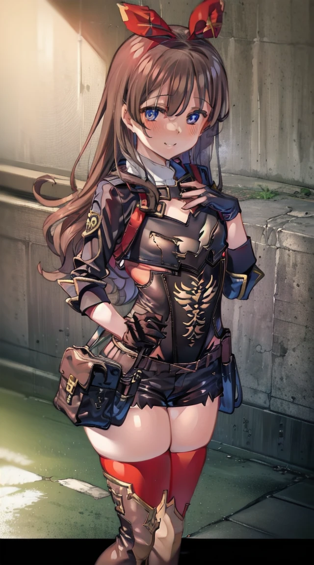 1girl,
BREAK (( \(genshin impact\), brown eyes, brown hair, long hair, red hair ribbon, brown short shorts, leather gloves, pouch, thighhighs, white boots, small breast, cleavage, \(clothing\):1))
BREAK ((smiling,,flat chests,:1.6))
BREAK indoors,
BREAK looking at viewer, 
BREAK (masterpiece:1.2), best quality, high resolution, unity 8k wallpaper, (illustration:0.8), (beautiful detailed eyes:1.6), extremely detailed face, perfect lighting, extremely detailed CG, (perfect hands, perfect anatomy),