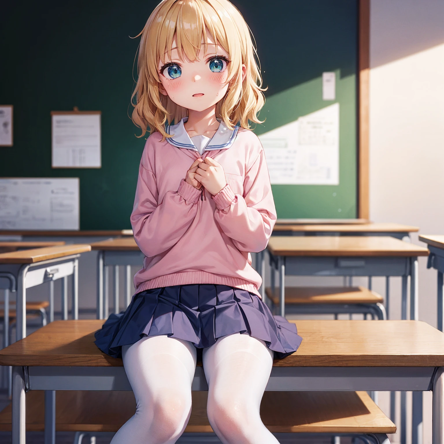 Highest quality,Highest quality,One Girl,One boy,((((10 years old)))),Flat Chest,orgasm,blush, Sweat, Sakurai Momoka,blonde,White Sarah Outfit,Navy Blue Skirt, It is not a pleated skirt,whole body,classroom, White Pantyhose、Navy Blue Skirtをめくる、Spread your legs