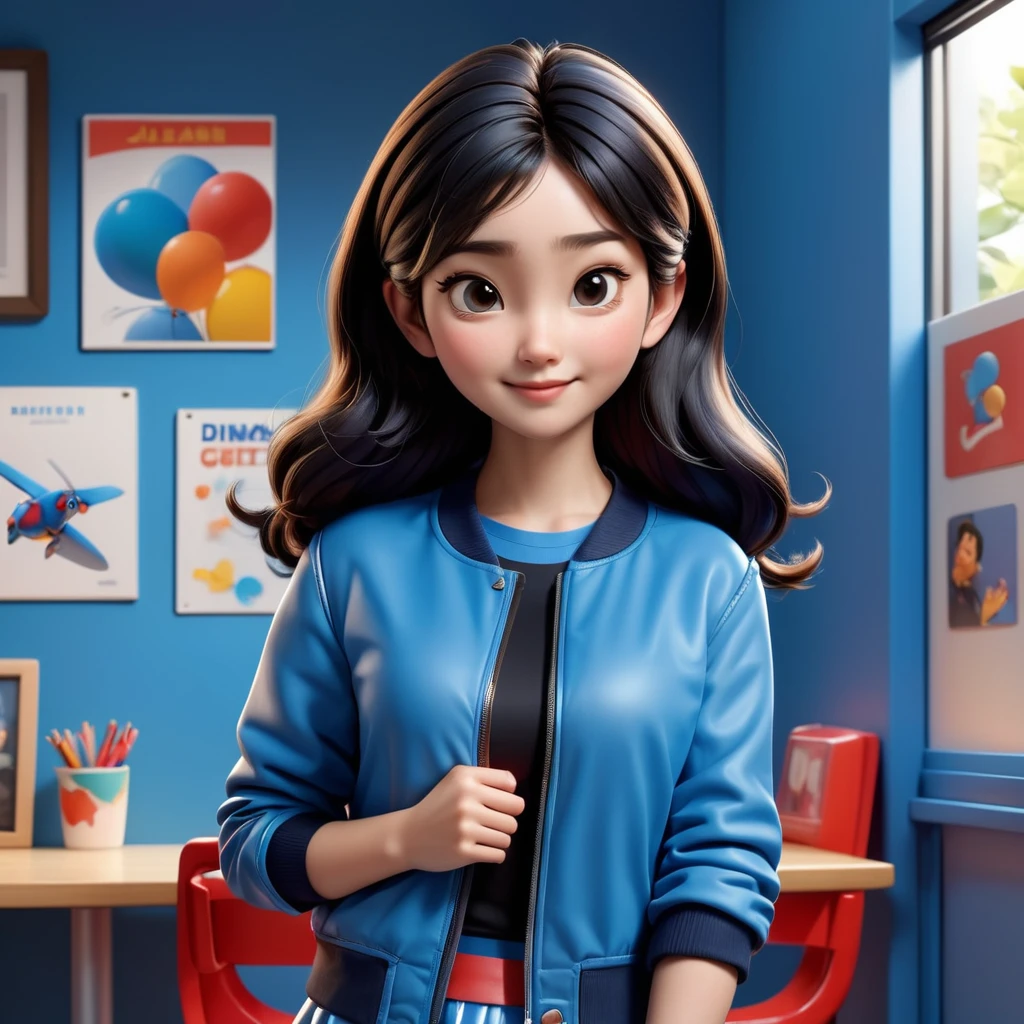 A 17-year-old beautiful young woman, realistic cute beautiful woman full body image, bright octane color trending at the art station, unified color background wall, wearing a blue skirt and jacket, beautiful 3 d rendering, cute pixar, inspired by Du Qiong , black haired beauty, andrew dickson, realistic, 3D, cartoon style, well shaded, smooth, Pixar, Lexica Aperture v.3,5.