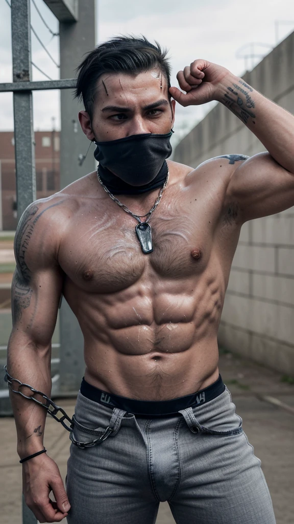 generates a young man, very handsome and with perfect features, he has scars on his body, he has a black balaclava on his head that covers his entire face except his eyes and mouth, very thick silver chains on his neck, some chains on his hands and a, he is shirtless, his body is very hairy, he has tattoos on parts of his body, he is muscular and very sweaty, he has gray jeans that are very big on him, and his boxer briefs stick out a little, and He is in the background of a prison, with some metal bars in front of him.