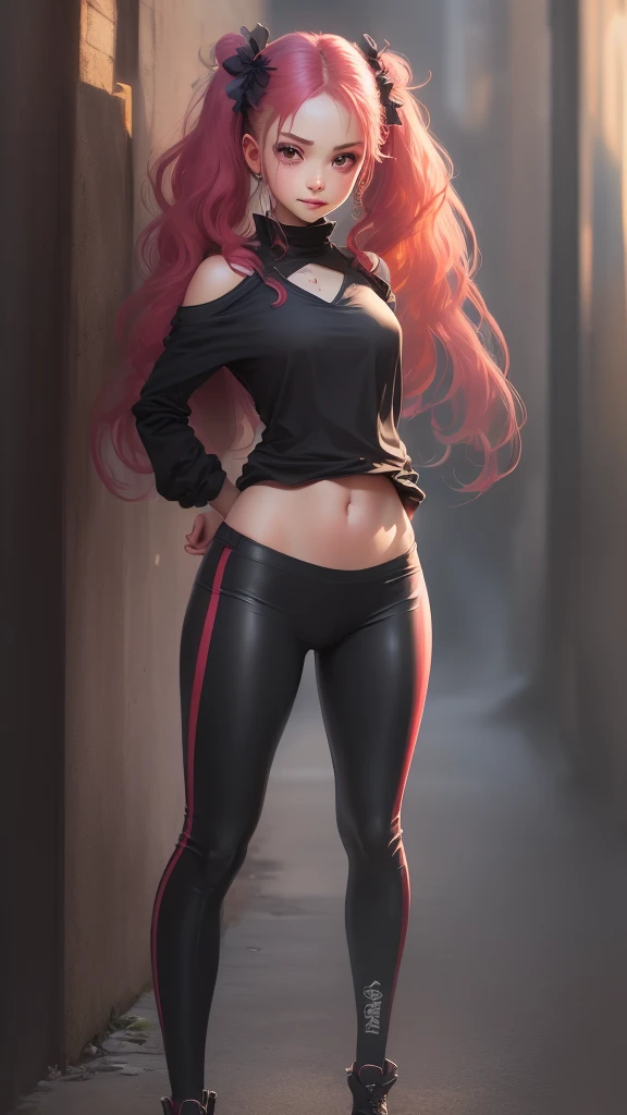 extremely detailed CG unity 8k wallpaper, best quality, ultra-detailed, masterpiece, realistic, photo realistic, blush, parted lips, looking at viewer , half body shot , (Perona One Piece), ping long hair, blushing, beautiful face, embarrassed face, standing, arms behind head, cute face, goth outfit, twintails, outdoor, sakura blossom, stripe legging, skirt, smile at viewer,