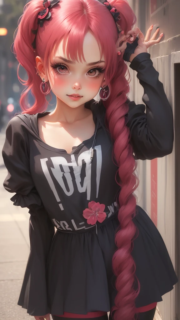 extremely detailed CG unity 8k wallpaper, best quality, ultra-detailed, masterpiece, realistic, photo realistic, blush, parted lips, looking at viewer , half body shot , (Perona One Piece), ping long hair, blushing, beautiful face, embarrassed face, standing, arms behind head, cute face, goth outfit, twintails, outdoor, sakura blossom, stripe legging, skirt, smile at viewer,