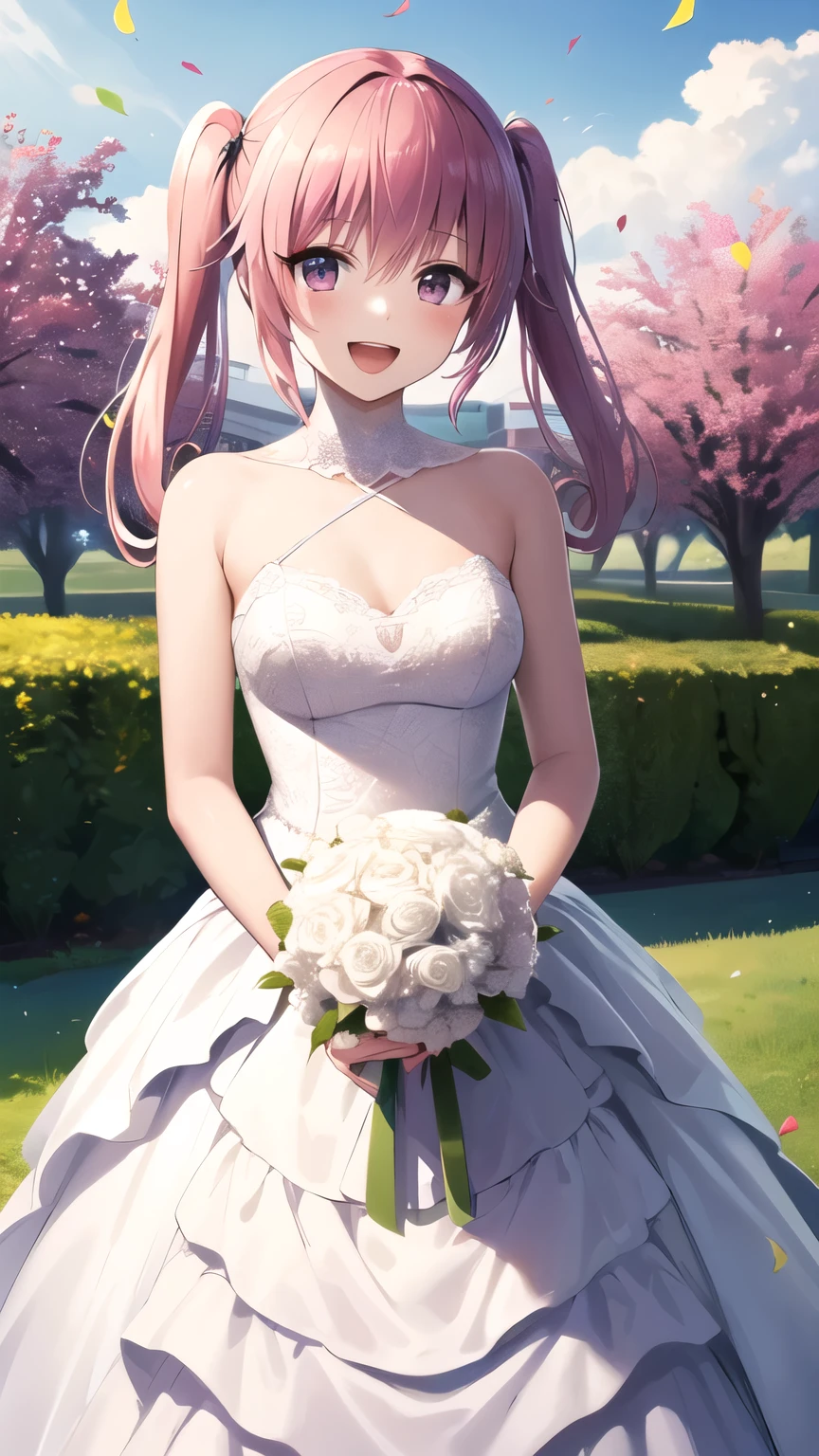 masterpiece, best quality, highres, Nana Asta Deviluke, long hair, twintails, wedding dress, white dress, garden, holding bouquet, smile, open mouth, confetti,