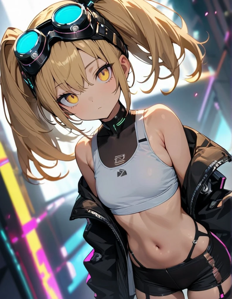 a handsome girl, solo, blond hair, twintails, yellow eyes, cyber punk black jacket, white tank top, goggles on head, [navel], off shoulder, open jacket, black shorts, garter rings, tights, lighting front,
expressionless, blurry background, perfect angle, masterpiece, best quality, extremely detailed face,