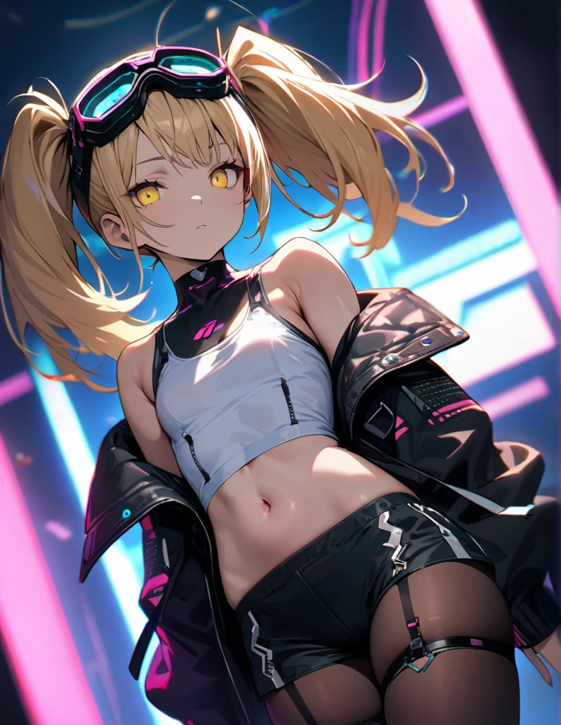 a handsome girl, solo, blond hair, hair intakes, yellow eyes,(bright eyes:1.2),
cyber punk black jacket, black high neck sleeveless, [navel], off shoulder, open jacket, black shorts, garter rings, single leg pantyhose,
expressionless, blurry background, perfect lighting, perfect angle, masterpiece, best quality, extremely detailed face,