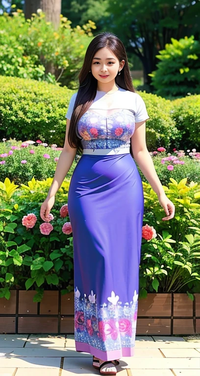 Burmese girl with attractive curvy full body. Friends full-length bikini, ( dress) reflective long dress painted with flower patterns, only dress. hi gh hips High resolution High resolution natural background High resolution HD 3D, 8K cartoon anime