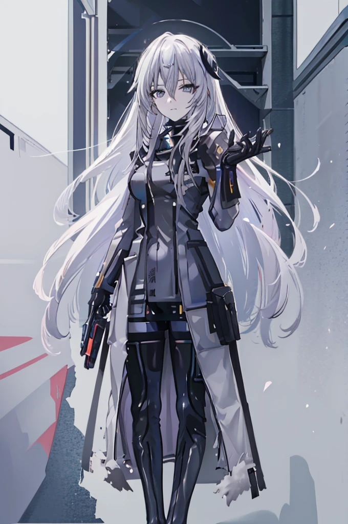 ((Pixiv)),(masterpiece_portrait),(Color Field),(Cyberpunk),(Full Metal Panic),(10s-anime-aesthetic), 1girl, light smile, curvy, large breasts, sharp face, spiked_hair, two-tone hair, white hair, gray hair, hair between eyes, very_long_hair, half closed eyes, sky blue eyes, Closed mouth, reaching out, cowboy shot, Standing, Clenched_hand, Black leotard, thighhighs, White Overcoat, capelet, high_heel_boots