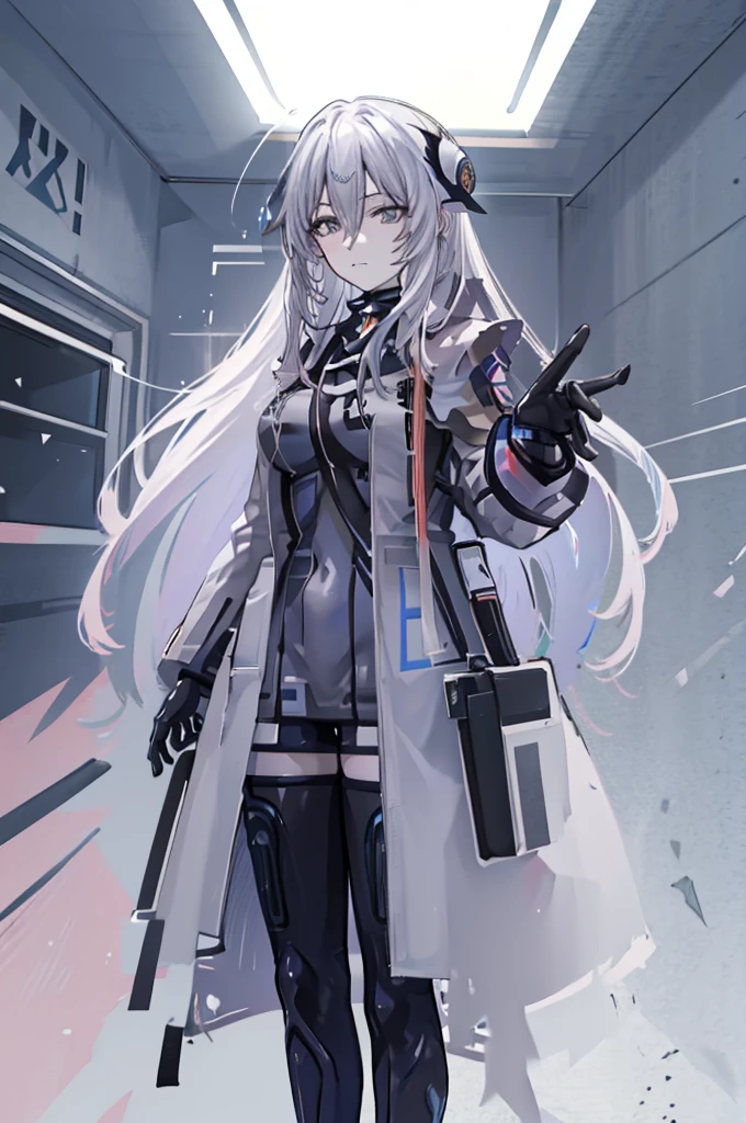 ((Pixiv)),(masterpiece_portrait),(Color Field),(Cyberpunk),(Full Metal Panic),(10s-anime-aesthetic), 1girl, light smile, curvy, large breasts, sharp face, spiked_hair, two-tone hair, white hair, gray hair, hair between eyes, very_long_hair, half closed eyes, sky blue eyes, Closed mouth, reaching out, cowboy shot, Standing, Clenched_hand, Black leotard, thighhighs, White Overcoat, capelet, high_heel_boots