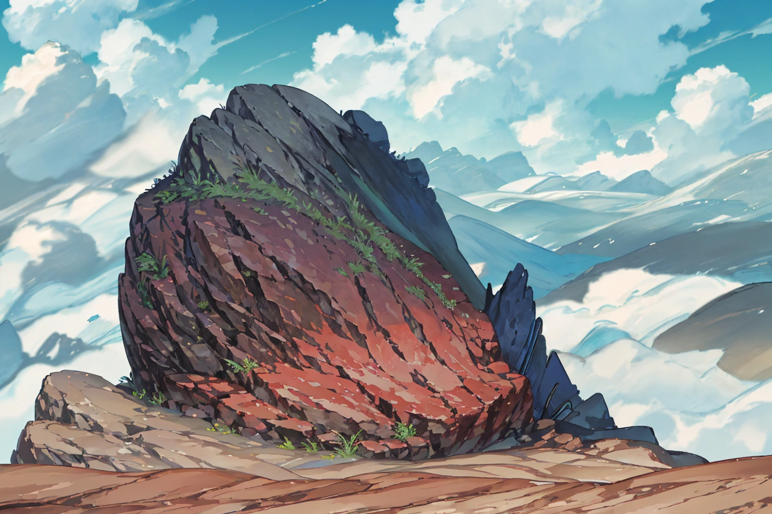 summer, brown rock area, brown rock formation, (illustration : 1.0), Narrative composition, realistic lighting, HD detail, masterpiece, best quality best, (Highly detailed CG integrated 8k wallpaper), wide and flat rocky area, A small, sharp, rough rock at the top of the screen.
