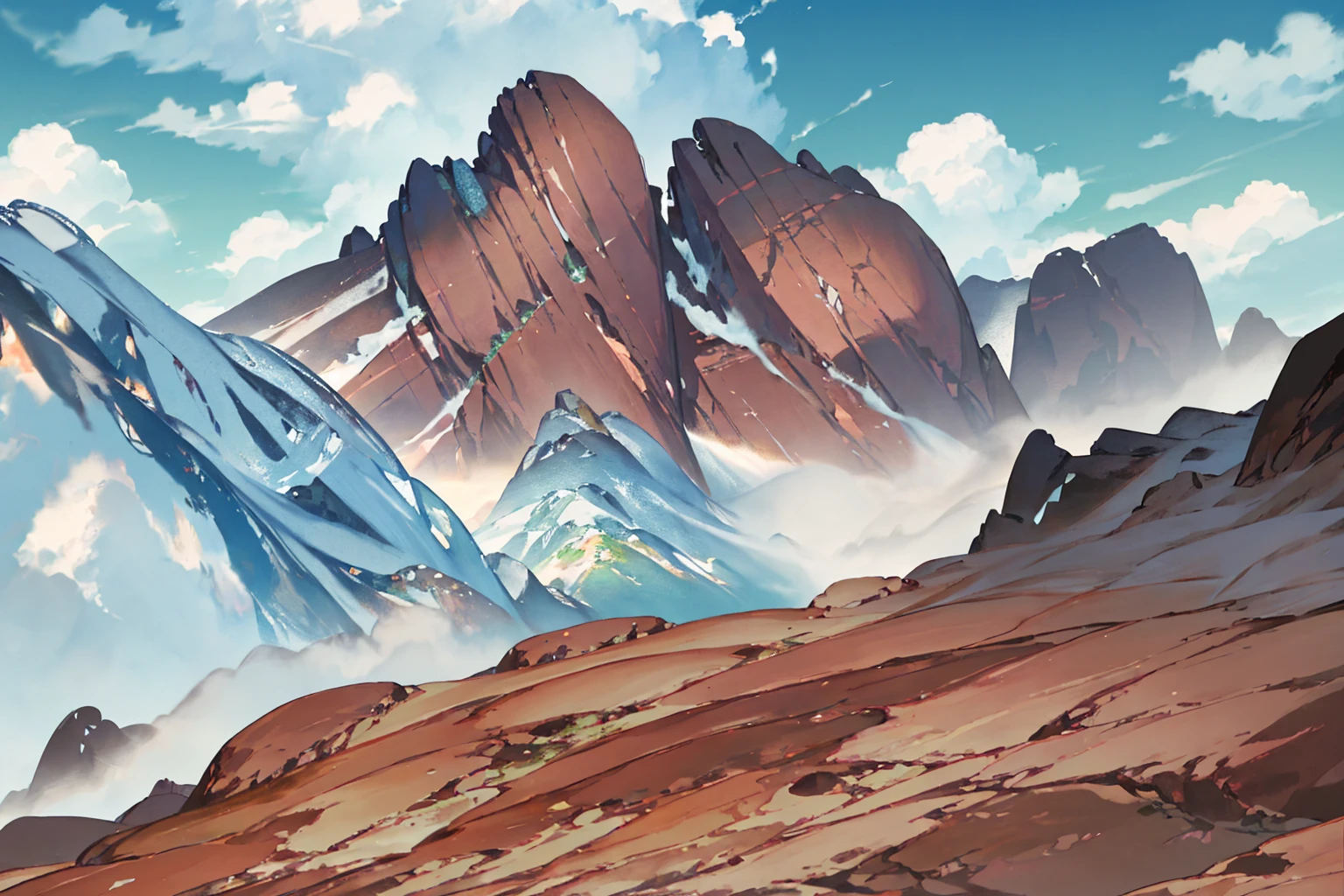 summer, brown rock area, brown rock formation, (illustration : 1.0), Narrative composition, realistic lighting, HD detail, masterpiece, best quality best, (Highly detailed CG integrated 8k wallpaper), wide and flat rocky area, A small, sharp, rough rock at the top of the screen.