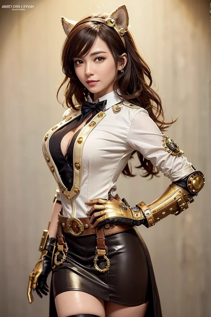 Woman portrait、Highest quality、Rear view、8k, clear, Fine skin、Clear, beautiful eyes、Cleavage、The beauty of a smile、whole body、Curly Hair、My hair was messed up by the wind、(Glamorous Muscle),(Hip_superior, Hip superior), Mature Woman,( Watching the audience),Realistic, High resolution, Soft Light,1 female, One person, Perfect Style, Perfect balance,(Brown hair),short hair,Fine Skin, Naughty look, ((Steampunk Egyptian Costume)),(cleavage cutout,Yellow-green steampunk collared sailor suit),(White steampunk steampunk jacket, High-tech Mecha,Beautiful steampunk cyborg woman on white,Steampunk Mecha Cyborg Girl,Steampunk lime green insect jacket,wrist cuffs,A bow tie,white dress shirt,Gemstone Helmet、Gold Belt,Cape,High leg),((arms behind back)),(bokeh),(studio lighting)