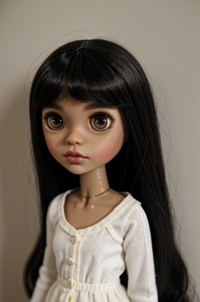 Blythe doll with black hair and brown skin , large eyes , small nose and mouth 