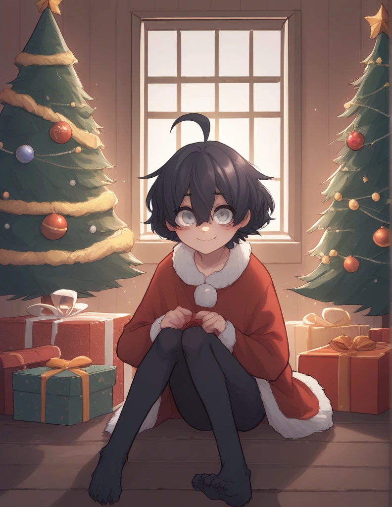 1 girl, alone, ppka, black fur, short hair, messy fur, Ahoge, parts, parts por todo el cuerpo, grey eyes, blind, cute smile looking at the viewer, embarrassed look Sitting, orders, Christmas, Christmas tree, Gifts,
calcetines rojos, calcetines de santa claus, guantes hasta el codo, guantes rojos, envuelto como regalo, listo rojo tapando partes intimas con liston rojo, desnudo, lazo de regalo enorme, lazo rojo